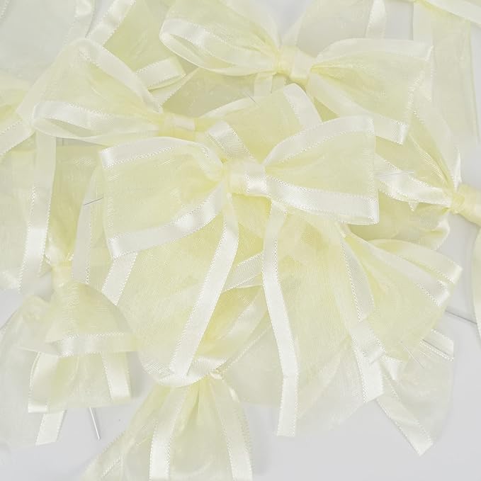 AIMUDI Ivory Bows for Weddings 4" Organza Bows Premade Twist Ties Bows for Gift Wrapping Crafts Treat Bags Baskets Cake Pop Baby Shower Birthday Decor - 12 Counts