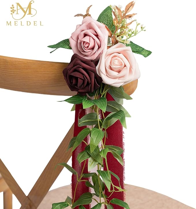 Meldel Wedding Aisle Decorations for Ceremony 10 Pcs/Set Burgundy Pink Rose Garland with Hanging Ribbons Church Chair Decorations Party Decor Arrangement Wedding Pew Decor Flower