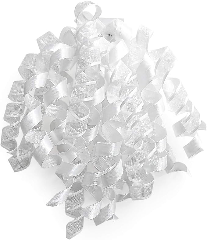 CT CRAFT LLC White Satin and Sheer Curly Ribbon Bow 6" Long x 6 Counts Gift Wrapping Pre-Tied Self-Adhesive Tab for Birthday Present Box Wine Bottle Baby Shower Party Christmas Hanukah