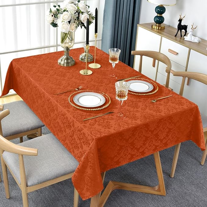 Jacquard Tablecloth Rectangle 60 x 84 Inch, Spill Proof Anti-Shrink Damask Autumn Table Cloth, Durable Polyester Table Cover for Fall, Harvest, Thanksgiving, Holiday, Rusty/Orange