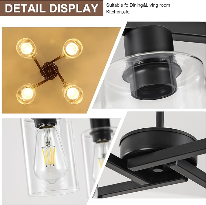 4-Light Modern Farmhouse Black Chandelier, Dining Room Light Fixture Over Table Adjustable Height Hanging Industrial Pendant Lights Kitchen Island, Clear Glass Shade