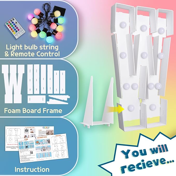 imprsv 4FT Colorful Marquee Light Up Letters W, 18 Colors Light Up Sign Alphabet Sign with Remote, One Letters First Birthday, Large Letters for Birthday Engagement Anniversary Wedding Party Decor