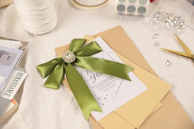 Olive Green Satin Ribbon 1 inch X Continuous 100 Yards, Single Face Polyester Ribbon Perfect for Gift Wrapping, Flower Bouquet, Wedding Decor, Crafts, Bow Making, Sewing and More