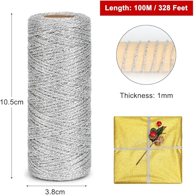 Tenn Well Metallic Silver Twine, 328 Feet 1mm Craft String for Gift Wrapping, Christmas Ornaments, Holiday Decorations, DIY Crafts