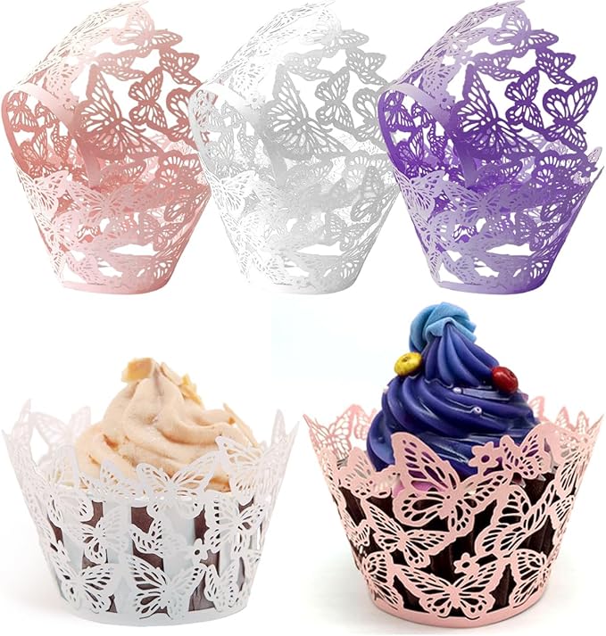 Cupcake Liners, Cupcake Wrappers Artistic Bake Cake Toppers Little Butterfly Flowers Paper White Pink Purple for Wedding Brtyday Party Decoration Pack of 24