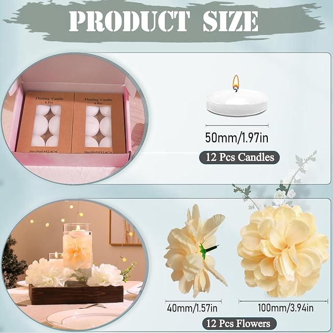 24 Pcs Floating Candles for Centerpieces and Floating Flowers Artificial Flowers Head Vase Filler for Party Home Table Wedding Centerpieces Decoration (Champagne)