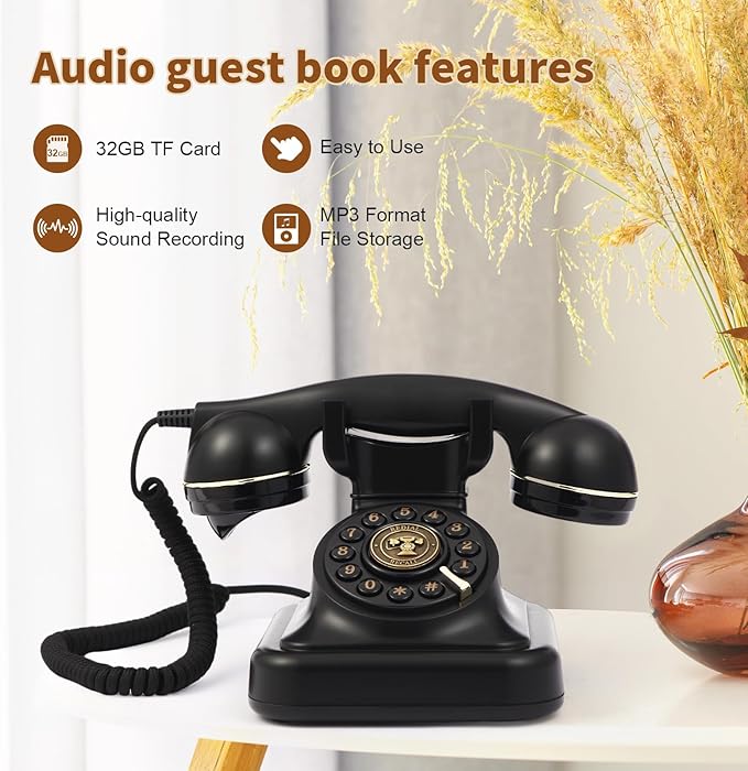 Audio Guest Book Wedding Phone, Audio Guest Book Record Customized Audio Messages Guest Book Alternatives Classic Retro Phone for Parties Birthdays Rentals Confessions Special Occasions (Black)