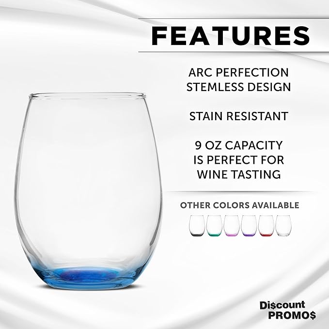 DISCOUNT PROMOS Stemless Wine Glass 9 oz. Set of 10, Bulk Pack - Great for Wedding Favors, Bachelorette Party and More - Blue Bottom Color
