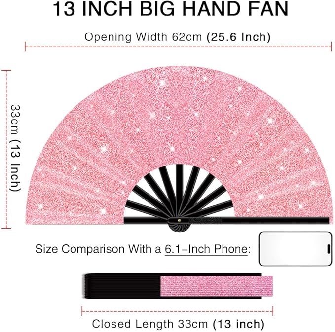 13" Large Folding Rave Fan with Holster, Clack Hand Fans Foldable for Line Dancing, Boots On The Ground Fan for Women Men Festival EDM Party Decoration, Glitter Pink 2 Pack