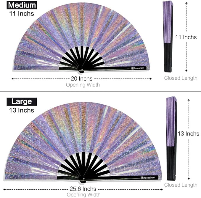 Large Rave Fan, Clack Folding Hand Fan with Premium Fabric, Thick Bamboo Frame for Men Women Gift for EDM, Festival, Club, Party, Dance, Decoration (Lridescent Purple, 11")