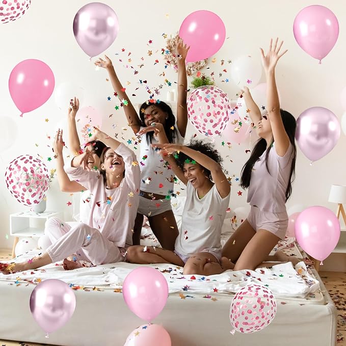 Metallic Chrome Pink 52 PCS 12 Inch Latex Balloons with Pink Confetti - Cherry Blossom, Pearl, Maca for Girl Women Birthday, Wedding, Baby Shower, Party Decorations