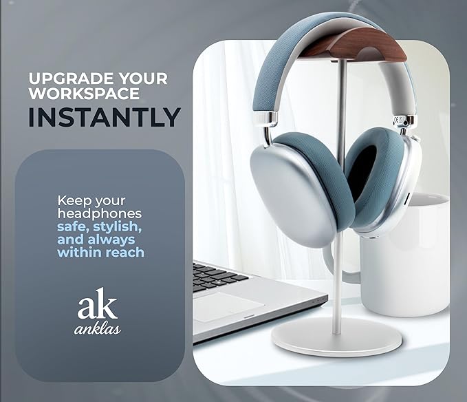 Headphone Stand for Desk – Premium & Minimalist Headset Holder with Round or Oval Base for Gaming, Office & Home (Silver Wood, Standard)