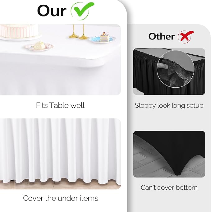 Wish Care 6 Pack White Spandex Table Clothes for 8 Foot Rectangle Tables, 8FT Wrinkle Free Fitted Tablecloths Ruffles Design Table Cover for Party, Banquet, Wedding and Events