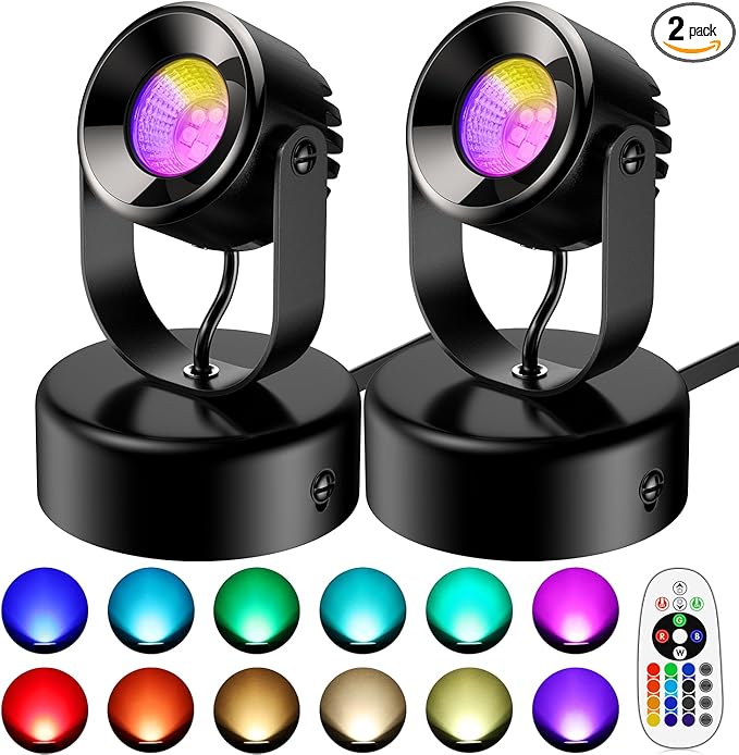 Spot Lights Indoor,7W RGBW Spotlight 16 Color Changing Up Lights Indoor with Remote Dimmable Function Memory Feature LED Ambient Lighting for Party,Bar,Esports Room, 5.9 FT Power Cord, 2 Pack