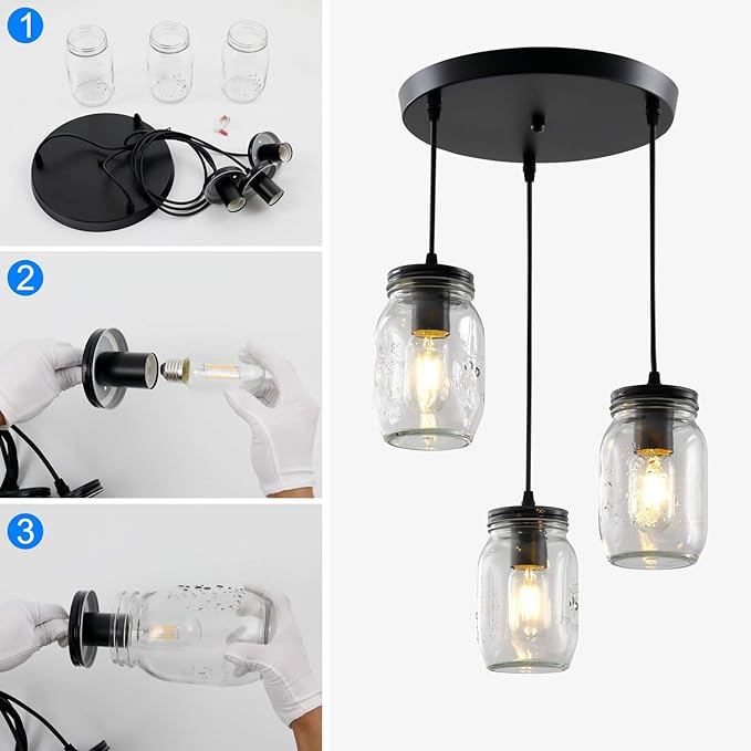 Mason Jar Light Fixtures, 3 Lights Farmhouse Mason Jar Pendant Light, Glass Jar Chandelier Country Adjustable Hanging Ceiling Lighting for Kitchen Dining Room Hallway