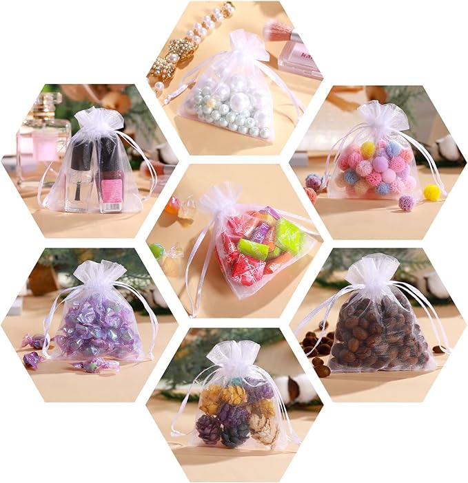 100Pcs White Organza Bags, 2x3Inch Sheer Wedding Party Favor Bags with Drawstring, Jewelry Gift Bags Christmas Candy Pouches