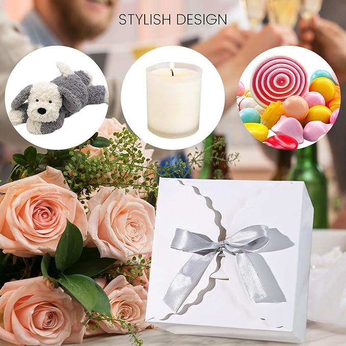 VGOODALL 10PCS Gift Boxes with Ribbon, Small White Candy Box Paper Treat Boxes for Wedding Cookie Chocolates Small Gifts