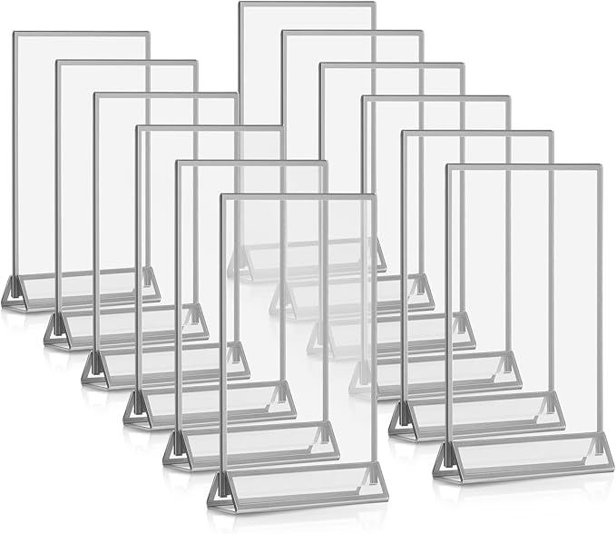 Blulu 12 Pack Acrylic Sign Holder Double Sided Picture Frame Wedding Table Number Stands with Border and Vertical Clear Display Menu Holders for Wedding Party Restaurant(4 x 6 Inch,Silver)