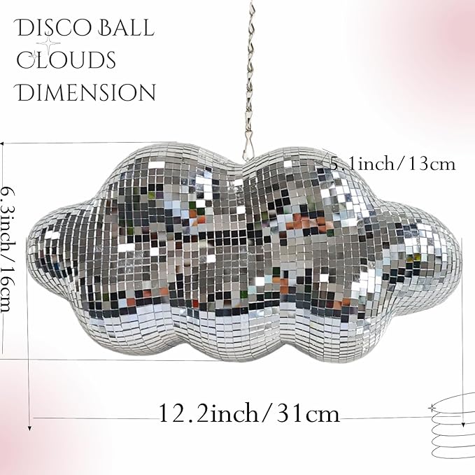 Disco Ball Cloud Shaped, Cute Hanging Party Mirror Decor with Chain, Retro Light Reflective Ball for Party Home Decor, Disco Mirror Ornaments, Silver, Design Patent