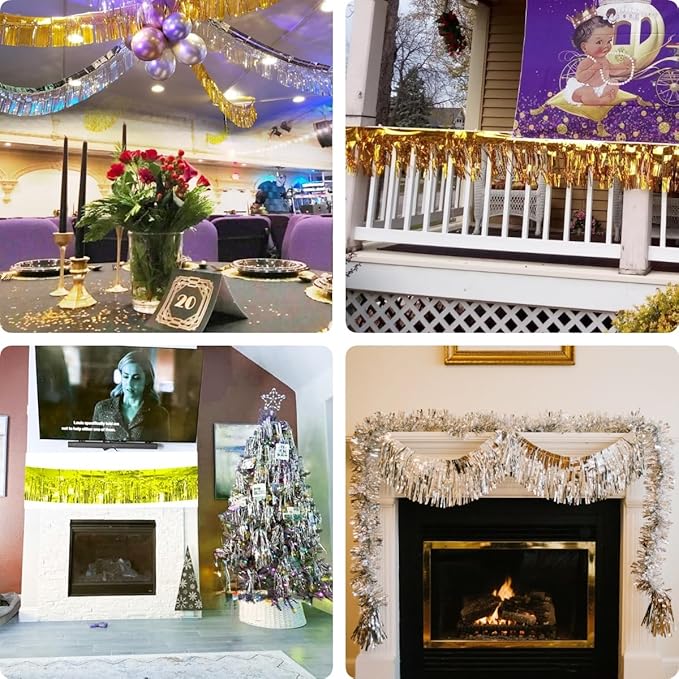 4 Pack Iridescent Pink Total 40 Feet Foil Fringe Garland Metallic Tinsel Banner Wall Hanging Drapes Parade Float Skirting Decorations for Trailer Mardi Gras Party Birthday Wedding