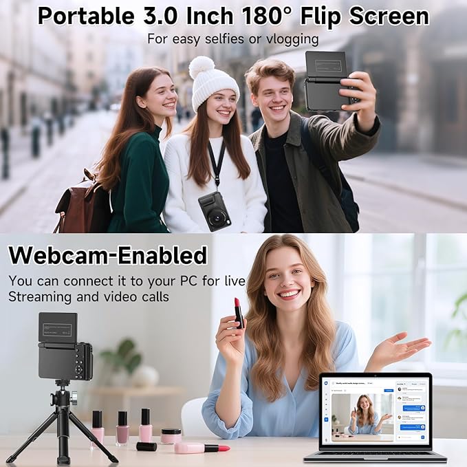 4K Digital Camera for Photography, Autofocus 64MP Vlogging Camera for YouTube with 3" 180° Flip Screen, 16X Zoom Compact Travel Point and Shoot Camera with Flash for Beginners, 64GB Card, Black