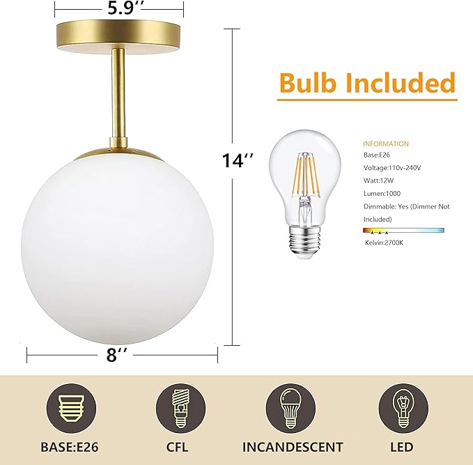 Gold Globe Semi Flush Mount Ceiling Light,Mid Century Modern Light Fixture Ceiling,Globe Ceiling Light for Hallway Living Room Kitchen Bedroom Storage Schoolhouse Laundry(Bulb Incl.)