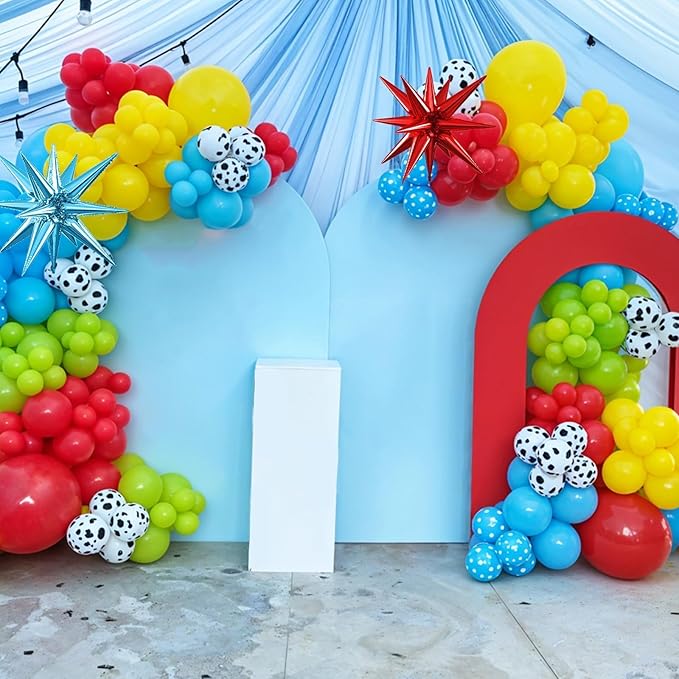 Red Blue Yellow Balloons, 12 Inch Cow Pattern Cloud Light Blue Yellow Red Fruit Green Balloons with Star Foil Balloon for Boys Girls Baby Shower Party Birthday Decorations