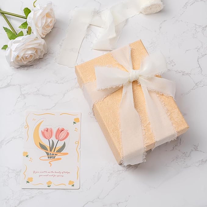 Ivory Handmade Chiffon Ribbon,1.5Inch x 3 Rolls Total 24 Yards Ivory Fringe Chiffon Silk Ribbon,for Wrapping Wedding Invitations,Bridal Bouquets,DIY Crafts,Home Decor and More