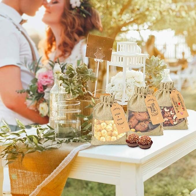GIOIPC 50Pcs 6 x 9 Inch Linen Burlap Sheer Bags with Drawstring and Bonus Gift Tags for Wedding Birthday Bag,Craft Bags,Cosmetic Samples