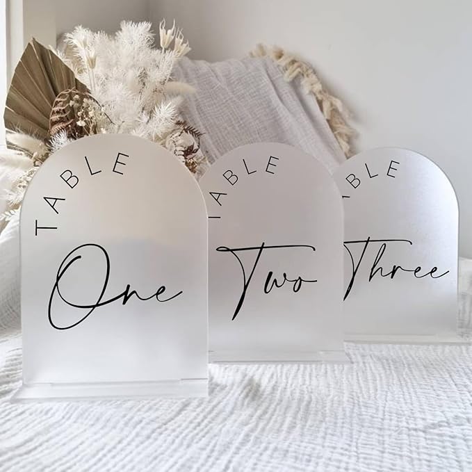 JINMURY Frosted Arch Wedding Table Numbers 1-30 with Stands, 5x7 Inch Frosted Arch Acrylic Sign with Black Letters, Arched Acrylic Table Numbers for Wedding Reception