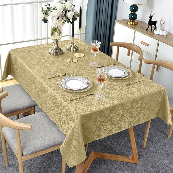 SASTYBALE Jacquard Tablecloth Rectangle 52 x 70 Inch, Spill Proof Machine Washable Damask Table Cloth, Reusable Polyester Table Cover for Dining, Party, Indoor, Outdoor, Gold