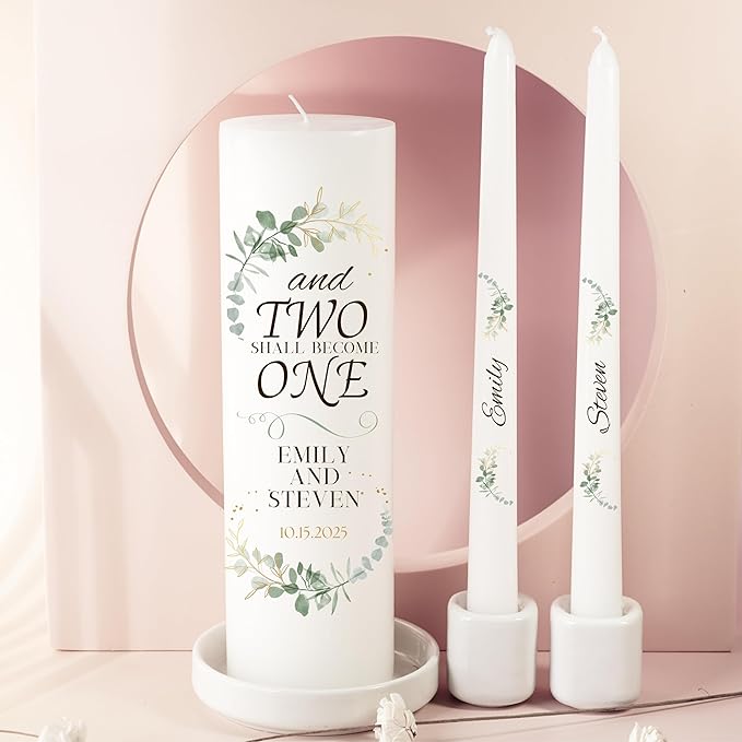 Unity Candles for Wedding, Modern Unity Set, Custom and Personalized Pillar and Taper Candles with Quote, Unscented White Premium Wax, Religious and Wedding Ceremony, Special Events (Custom Date)