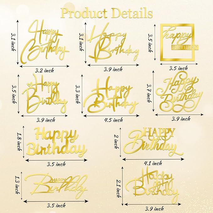 10 PCS Gold Happy Birthday Cake Topper Mirror Acrylic Cake Toppers Double-Sided Glitter Birthday Decorations for Girls Women's Party Supplies