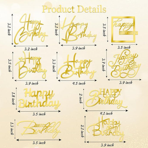 10 PCS Gold Happy Birthday Cake Topper Mirror Acrylic Cake Toppers Double-Sided Glitter Birthday Decorations for Girls Women's Party Supplies