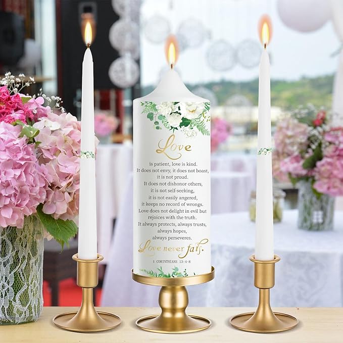 Extrogif Unity Wedding Candles Ceremony Set - 3 Floral Candles Set with Gold Holders, Elegant Wedding Decorations for Ceremony, Religious Bible Verse - Gifts for Couples 2025