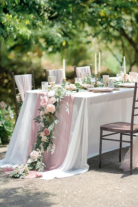 Ling's Moment Flower Garland - 6FT Eucalyptus & Rose - Pink Sweetheart Table Decor for Wedding Reception, Artificial Floral Garland for Mantle, Thanksgiving, Christmas Decoration, Dusty Rose