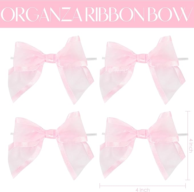 AIMUDI Pink Ribbon Bows 4" Organza Bows Premade Twist Ties Bows for Gift Wrapping Crafts Treat Bags Baskets Cake Pop Baby Shower Birthday Wedding Decor - 12 Counts