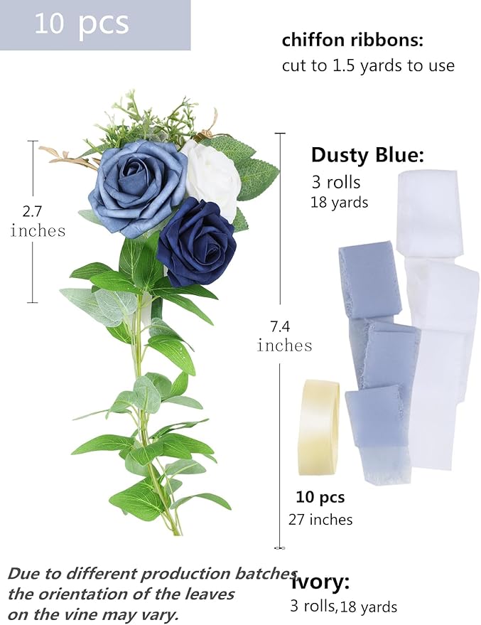 Meldel 10Pcs Elegnat Wedding Chair Back Decorations Aisle Artificial Blue White Rose Flowers Garland with Ribbion for Ceremony Reception and Reception Seating Arrangements Party Outdoor Decor