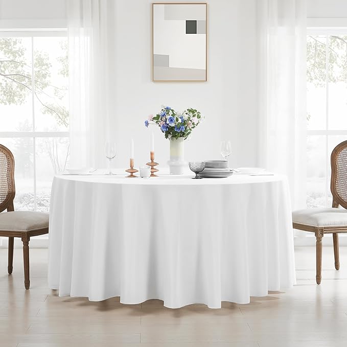 Round Tablecloth 2 Pack 108 Inch White Tablecloths Washable Decorative Linen Polyester Table Clothes Cover for Dining Table Banquets Buffet Parties and Wedding