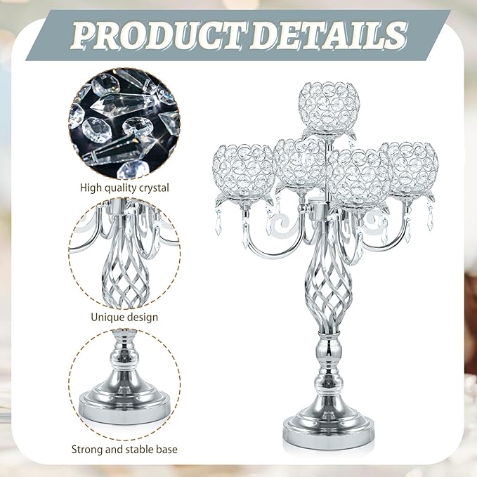 5-Arm Crystal Candelabra Centerpiece 23.2" Tall - Elegant Candle Holder Stand with Crystal Bowl, Chic Table Decor for Weddings, Parties, Anniversary & Home Decoration (2, Silver)