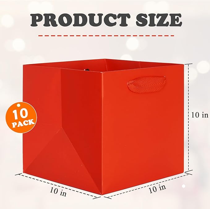 ADIDO EVA Red Square Gift Bags Medium Size Square Bottom Paper Bags with Handles for Party Favor, Shopping Bag (10x10x10 In, 10 CT)