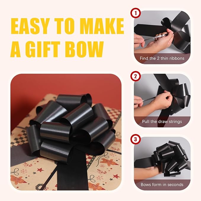 6 PCS 6 Inch Black Pull Bows - Perfect for Gift Wrapping, Wedding Decor, Car Bows, Birthday Parties, Christmas and Valentine's Day