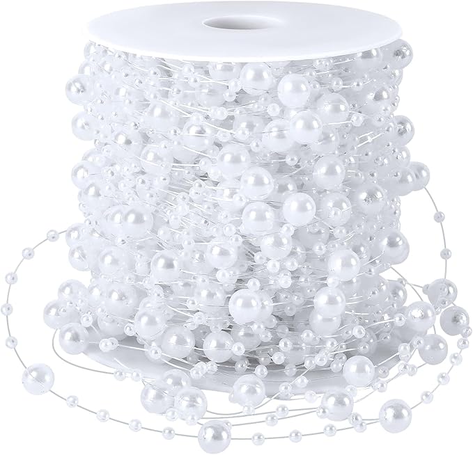 JULBEAR Beads Garland Decoration,1Rolls 131Feet White Christmas Pearl Strands Chain Bead Garland for Christmas Tree Fireplace Wreath Gift Bouquet Crafts Wrapping Wedding Party Centerpieces Decoration