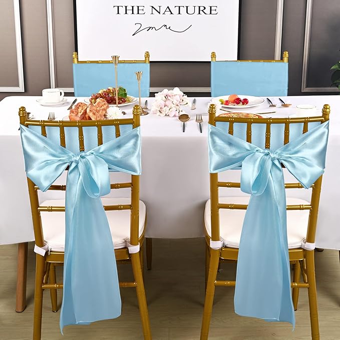 fani 60 PCS Baby Blue Satin Chair Sashes Bows Universal Chair Cover for Wedding Reception Restaurant Event Decoration Banquet,Party,Hotel Event Decorations (7 x 108 inch)