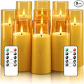 Flickering Flameless Candles Battery Operated with Remote and 2/4/6/8 H Timer Plexiglass Led Pillar Candles Pack of 9 (D2.3 xH 6" 7" 8") with Realistic Moving Wick Candles for Home Decor(Gold)