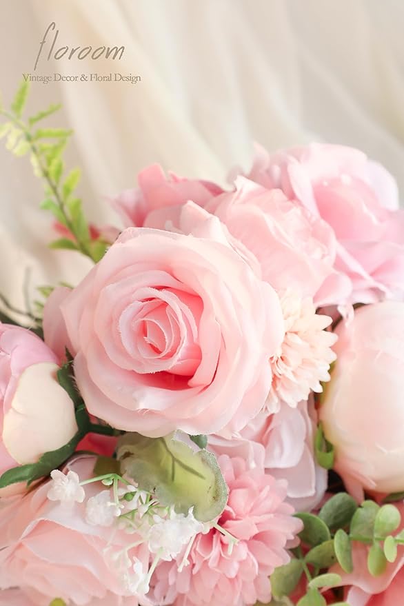 Floroom Blush Artificial Flowers Fake Roses Peonies Dahlia and Greenery Combo Box Set for DIY Pink Wedding Bouquets Bridal Shower Centerpieces Floral Arrangements Party Tables Home Decorations