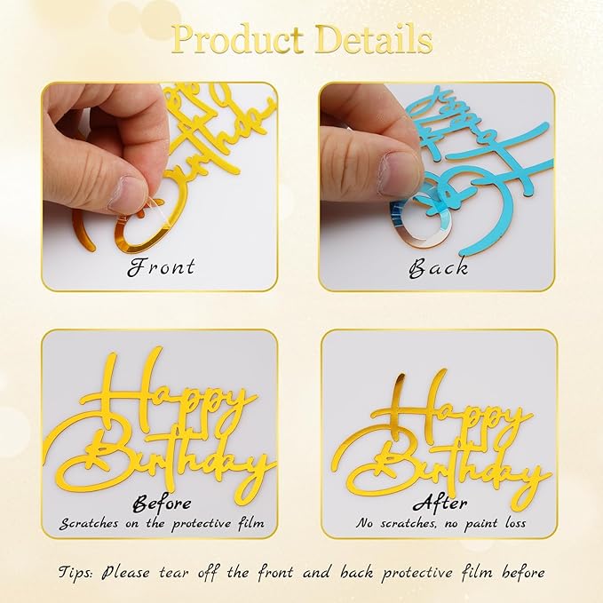 10 PCS Gold Happy Birthday Cake Topper Mirror Acrylic Cake Toppers Double-Sided Glitter Birthday Decorations for Girls Women's Party Supplies