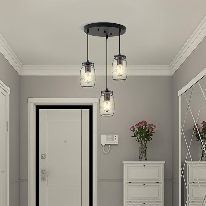 Kitchen Island Light, Adjustable Pendant Lighting,Glass Mason Jar Hanging Lamp (3-Light)