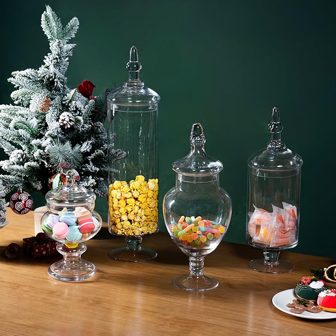 MyGift 4 Piece Set Clear Glass Apothecary Jars with Lids, Bathroom Decor, Candy Buffet, Wedding Centerpiece Decorative Jar