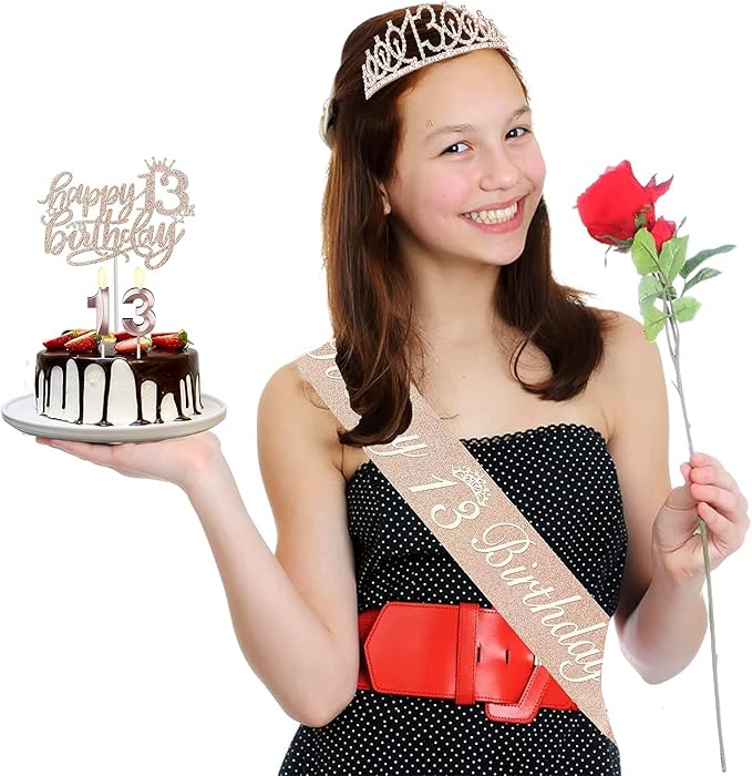 13th Birthday Decorations for Girls, Including Sash, Crown/Tiara, Candles and Cake Topper, Rose Gold Teen Girl Gifts for 13 Year Old Birthday Decorations
